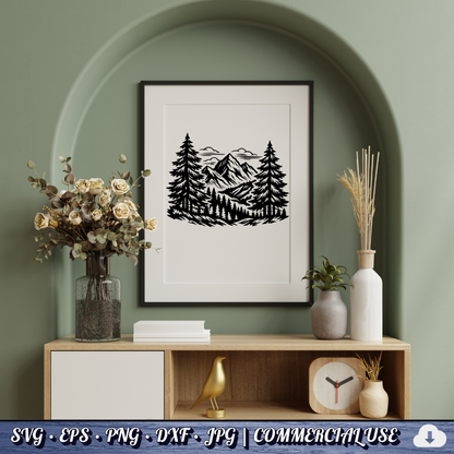 Mountain Forest Scene SVG | Pine Trees Mountain Landscape SVG | Wilderness Nature Clipart Cut File | Commercial Use Instant Download
